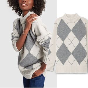 NWOT GOOP G Label MEG ARGYLE OVERSIZED CREWNECK SWEATER Gray Cream XS
